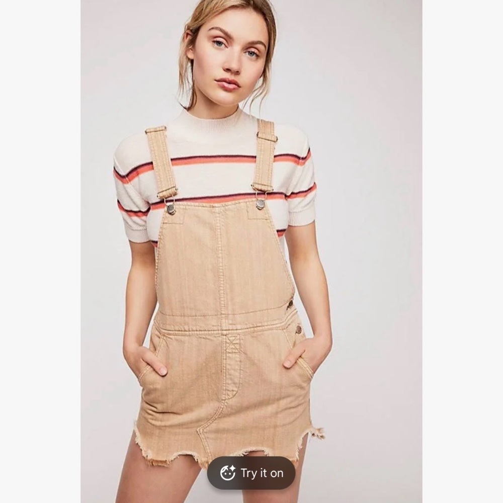 Free People Washed Beige Denim Overall Skirt